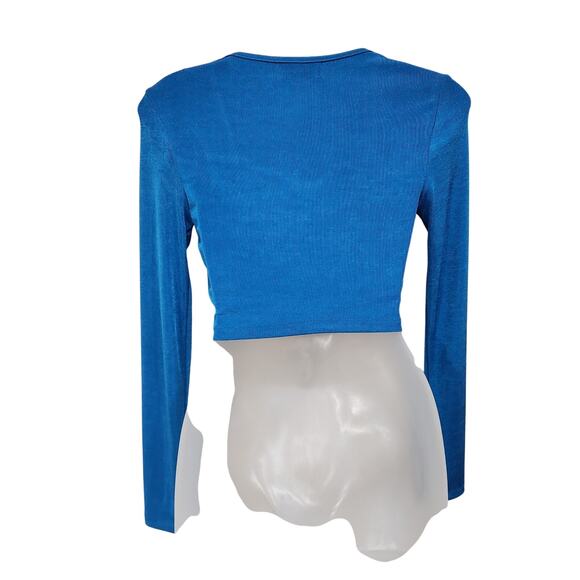 White Fox Front Twist Jersey Long Sleeve Crop Top Sweetheart Neck Blue Size XS - Picture 7 of 10